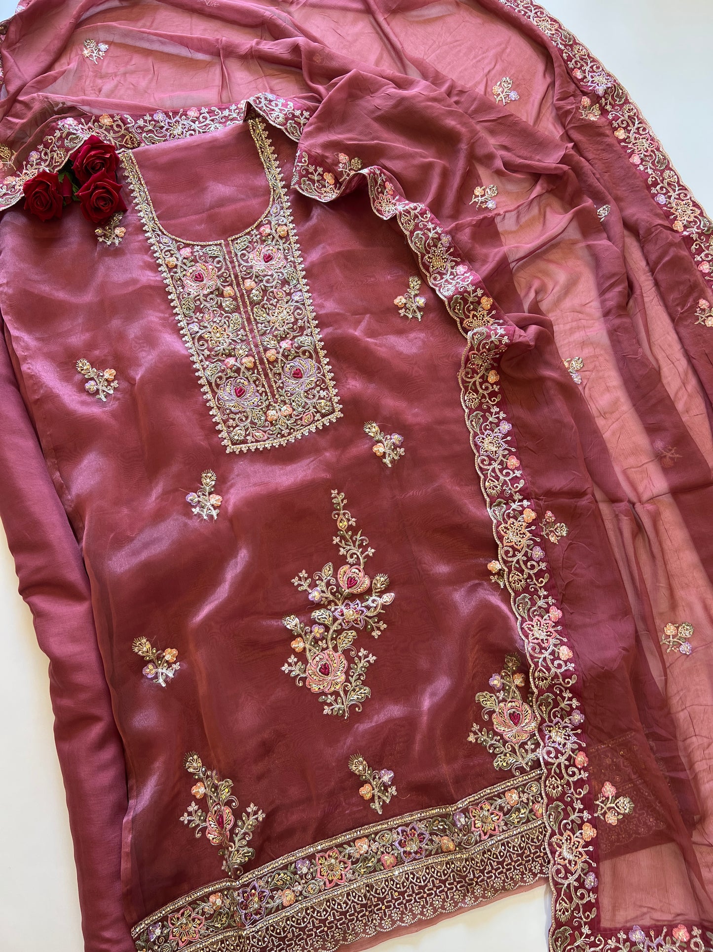 Tissue partywear embroidered suit set unstitched