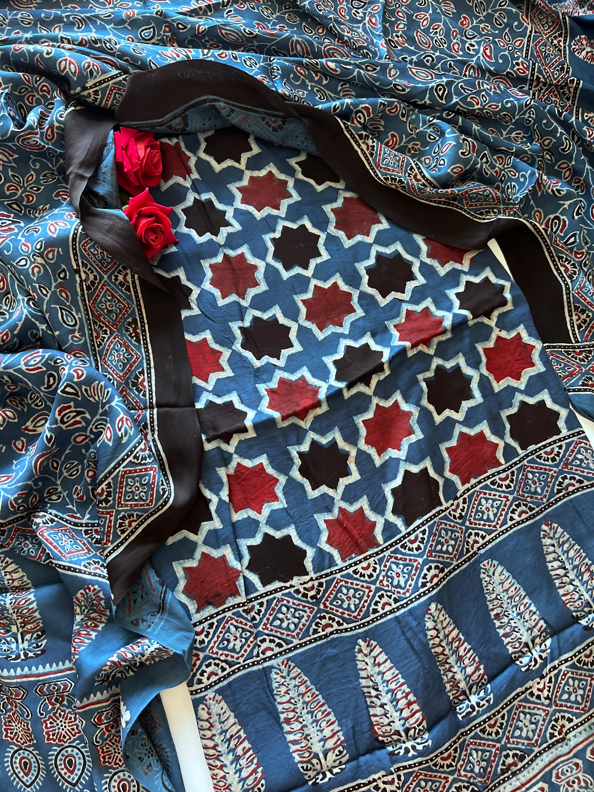 Blue Original Handblock Ajrakh print on Modal fabric Unstitched suit set