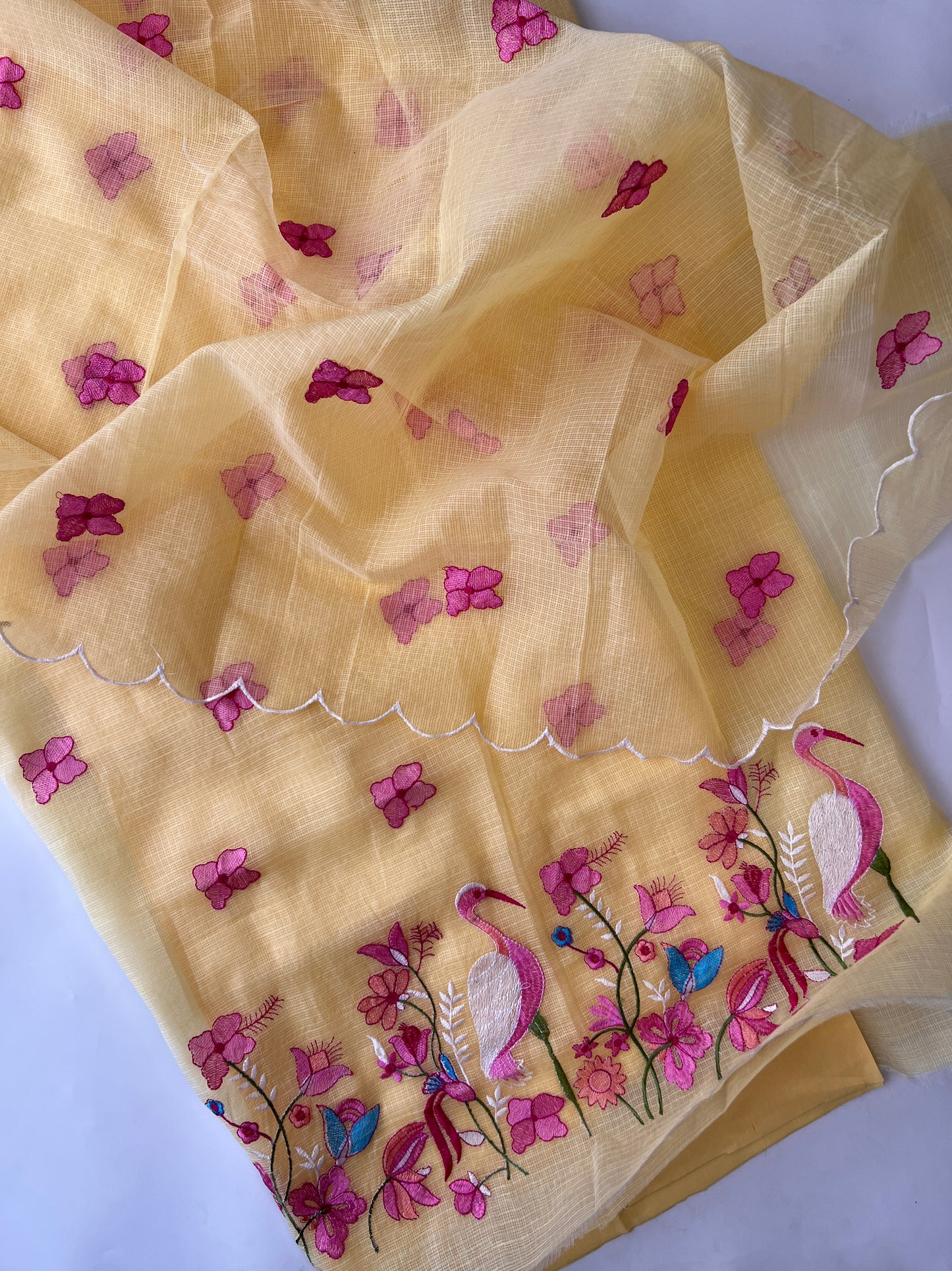 Yellow Kotta with flamingo embroidered kurta dupatta set Unstitched