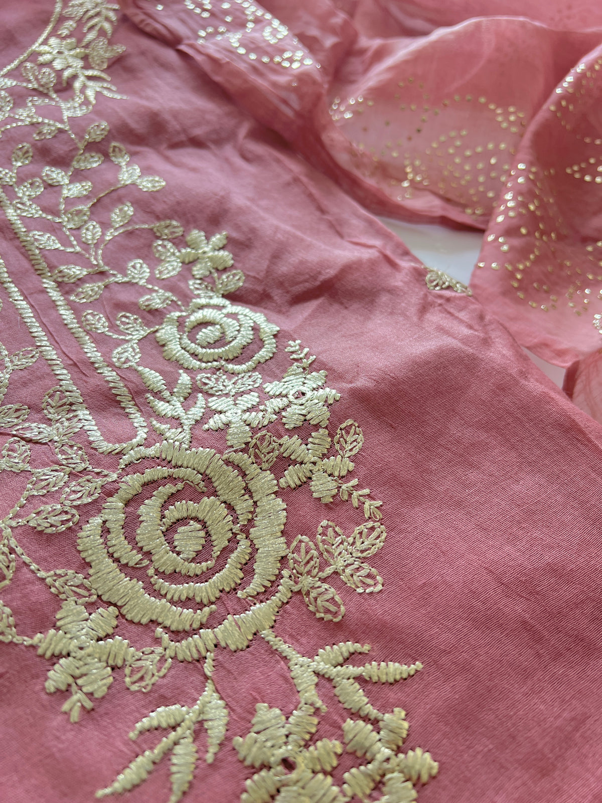 Pastel Pink Mul Chanderi dress material with pitta and mukaish work dupatta