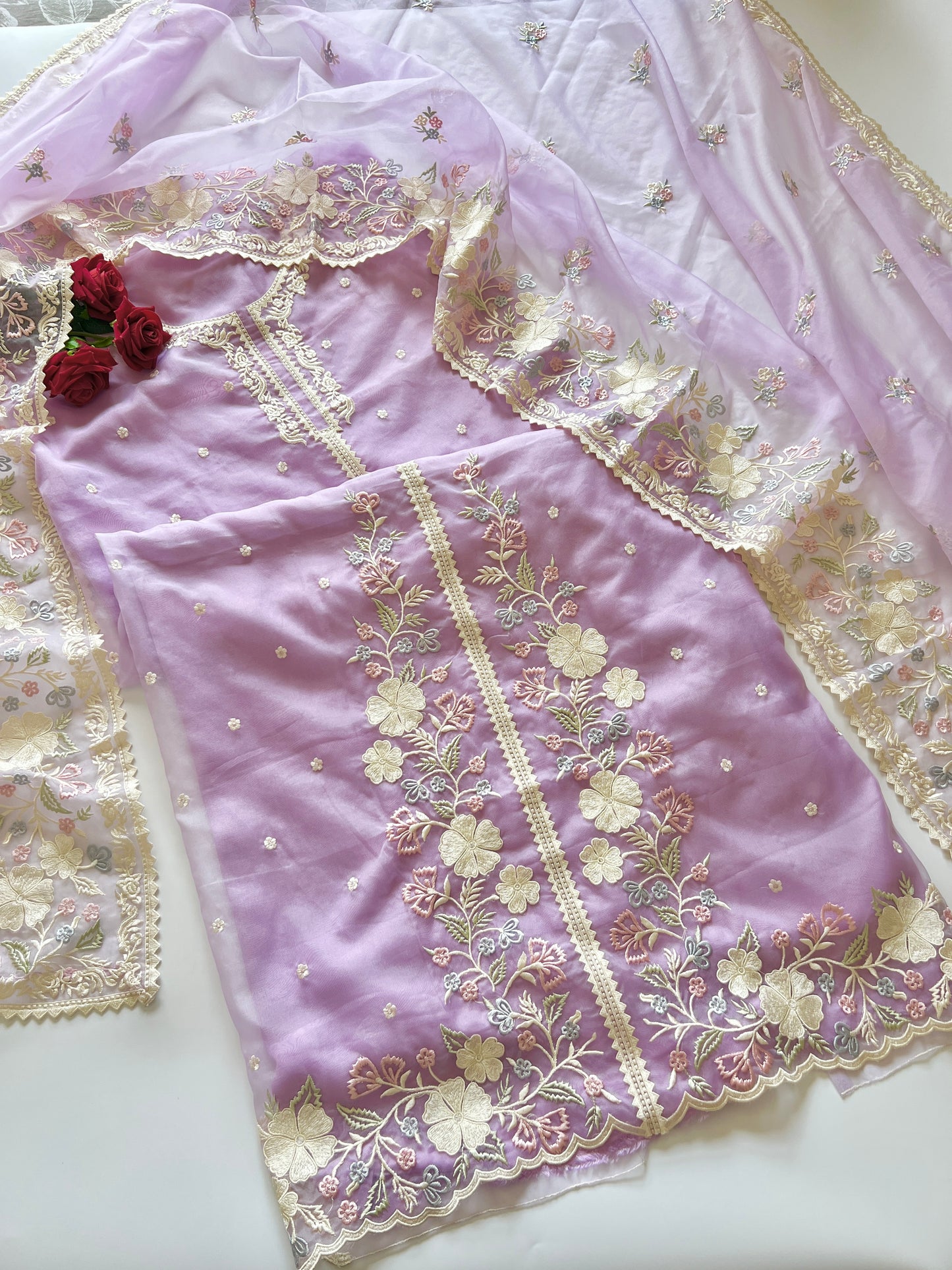 Purple Parsi Embroidered Organza Un-stitched Suit set