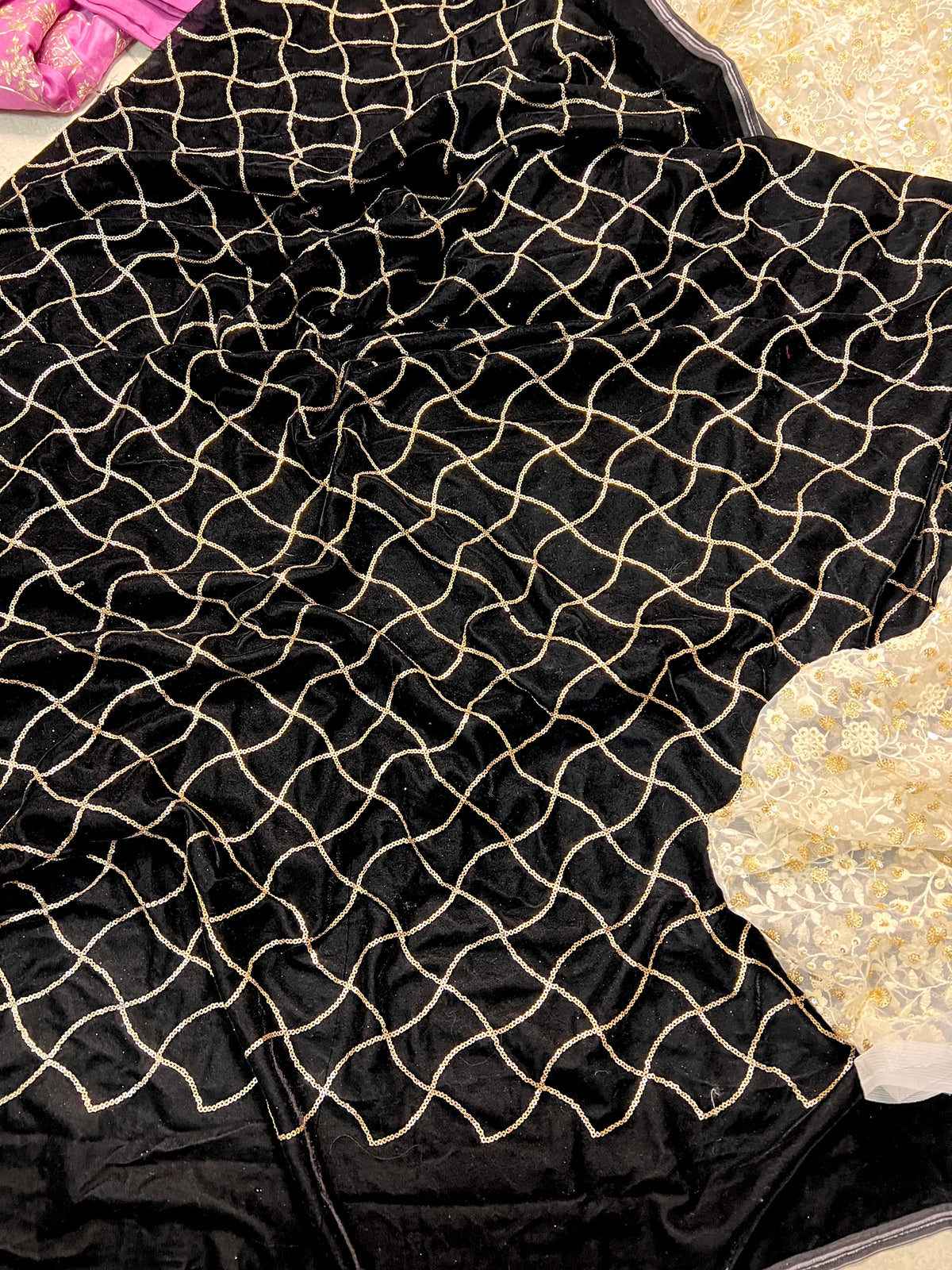 Black velvet sequin embroidered fabric