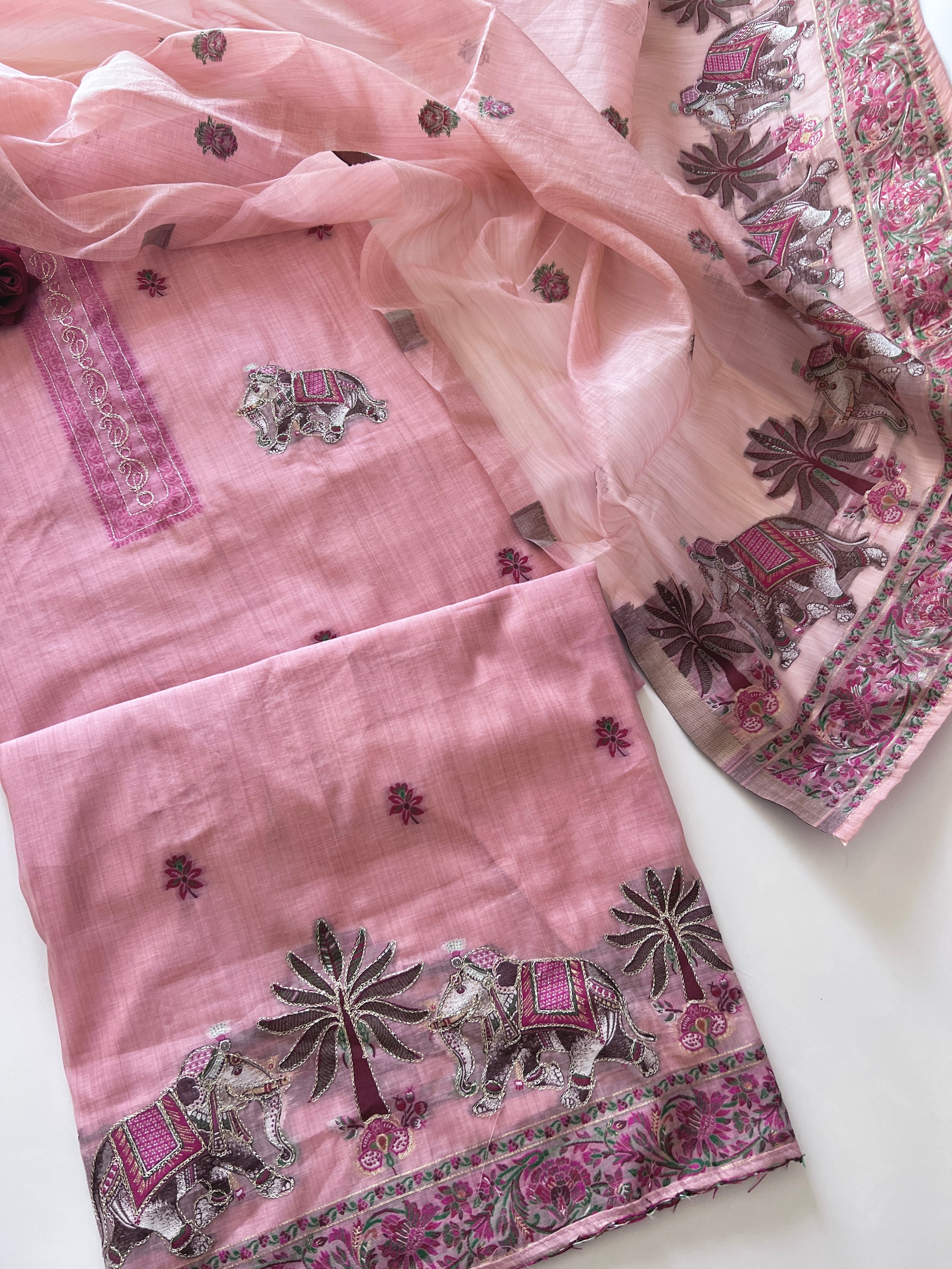 Pink Cotton Jamdani work dress material unstitched Suit set