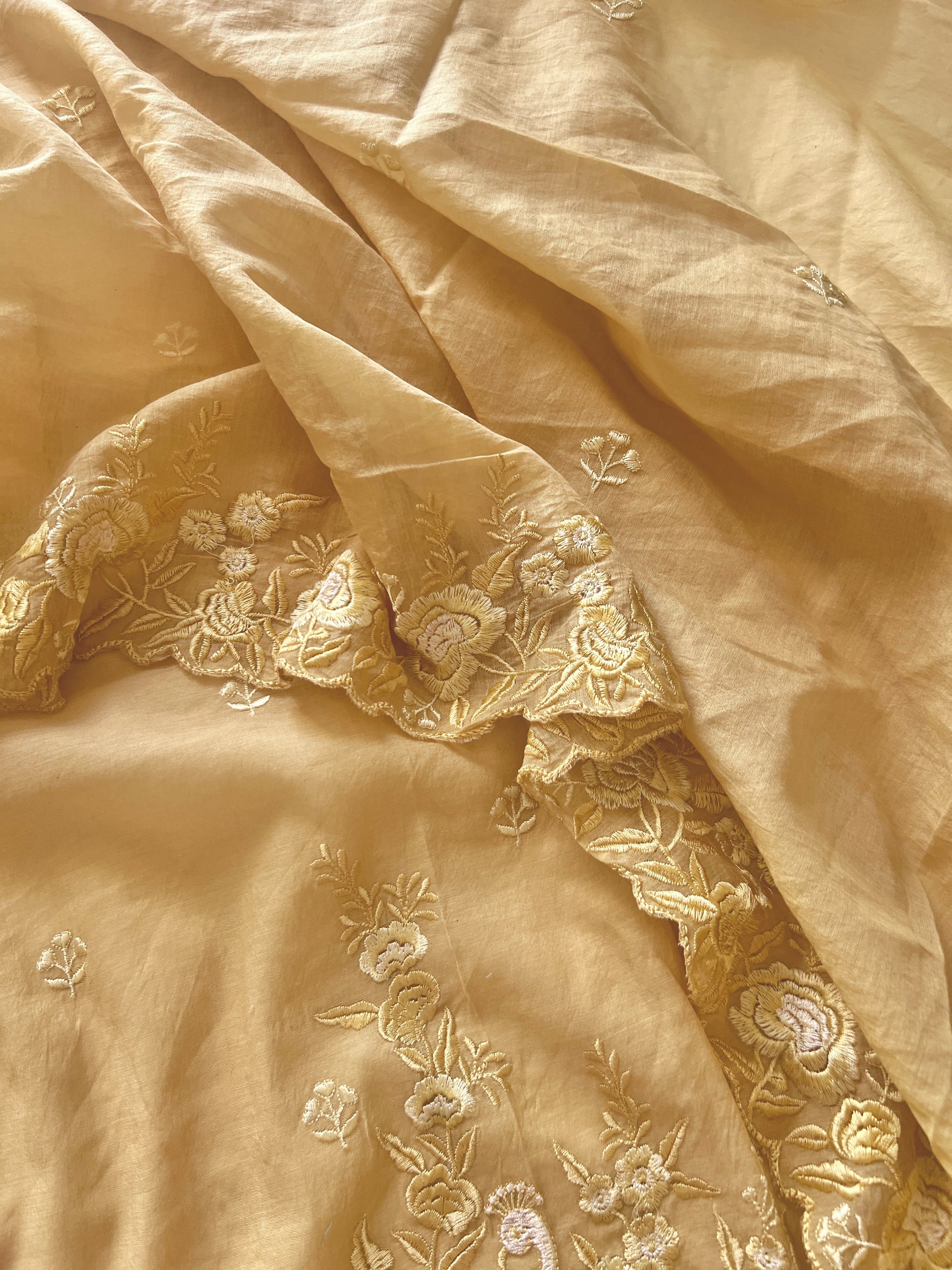 Yellow Mul Chanderi Thread embroidered Unstitched Suit