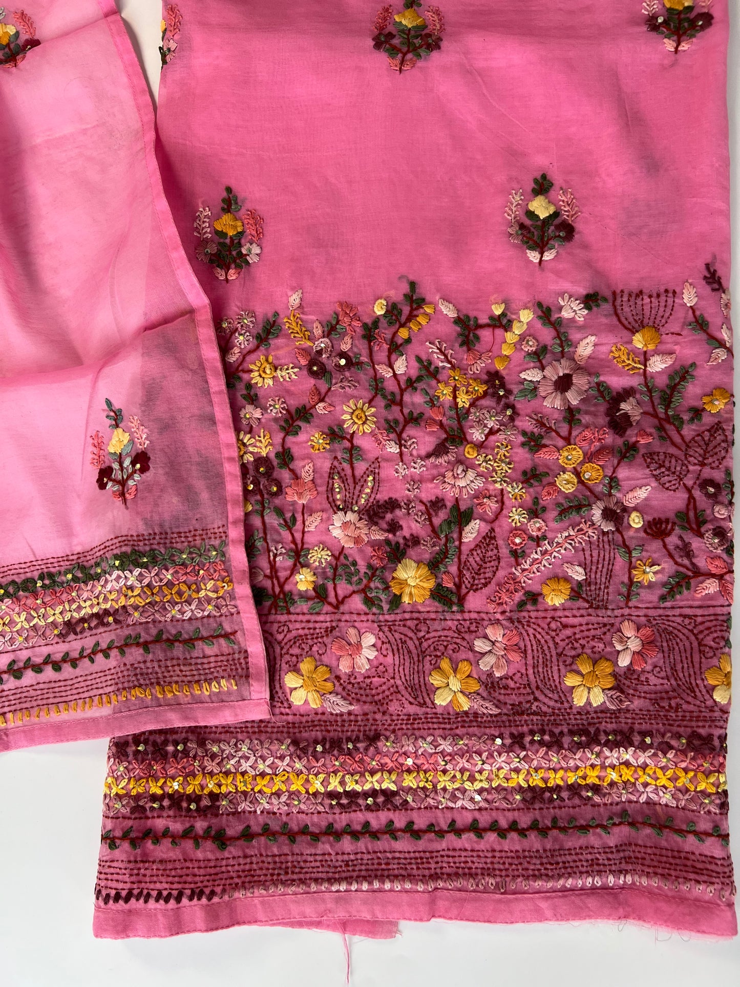 Pink Chanderi knot embroidery Unstitched suit material