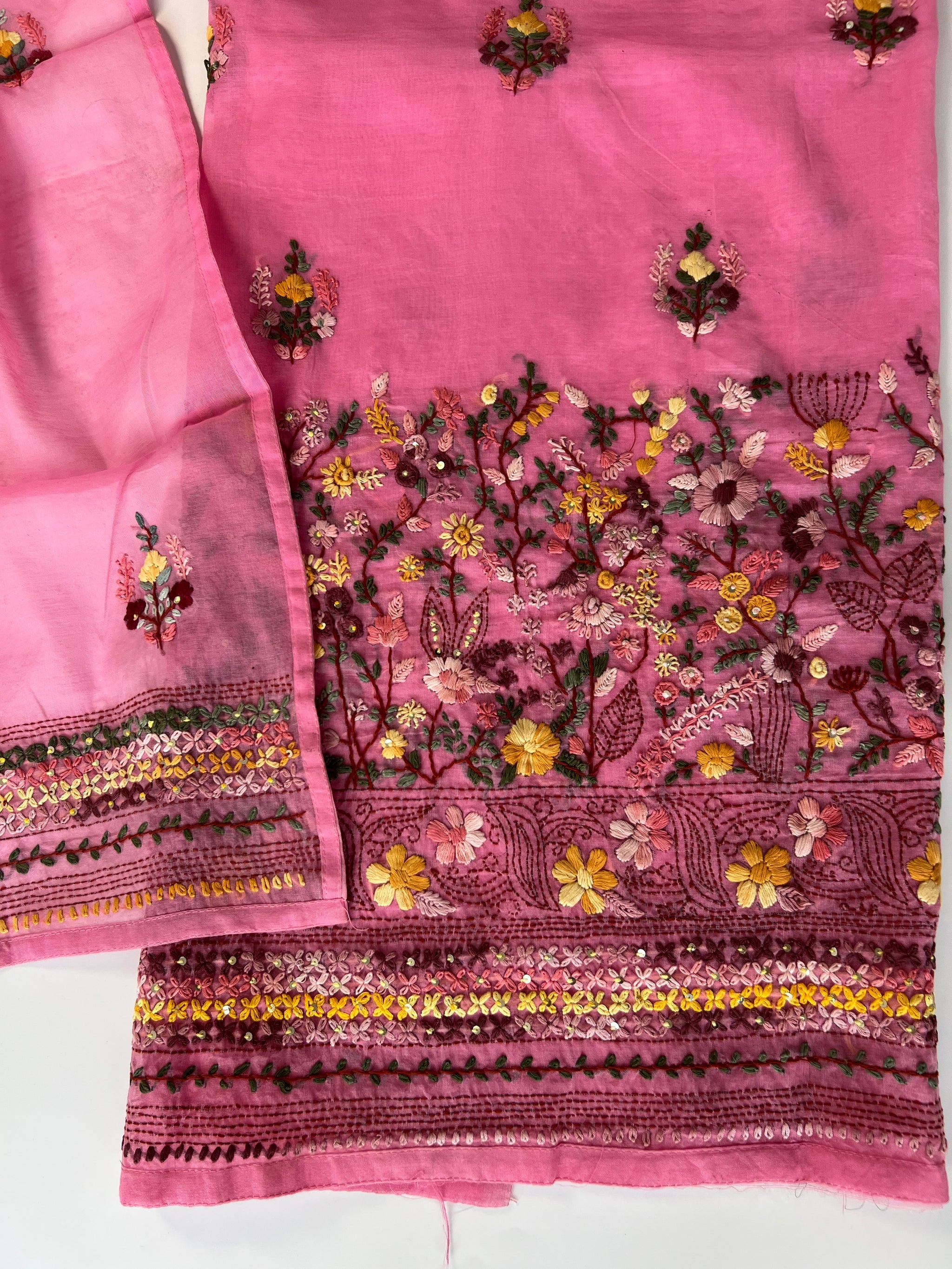 Pink Chanderi knot embroidery Unstitched suit material