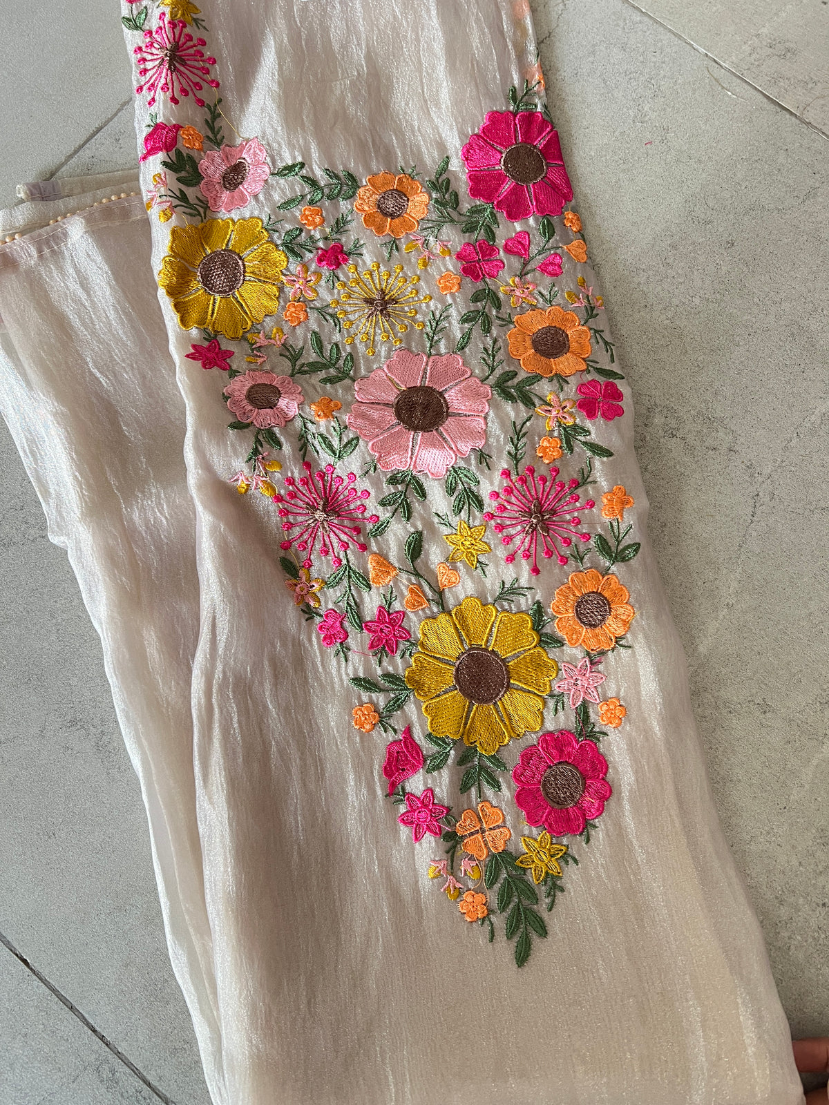 Greyish Champange gold Sunflower Embroidery Crush Organza tissue Dress material