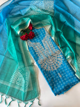 Blue soft Organza crepe with Pitta work and bandej
