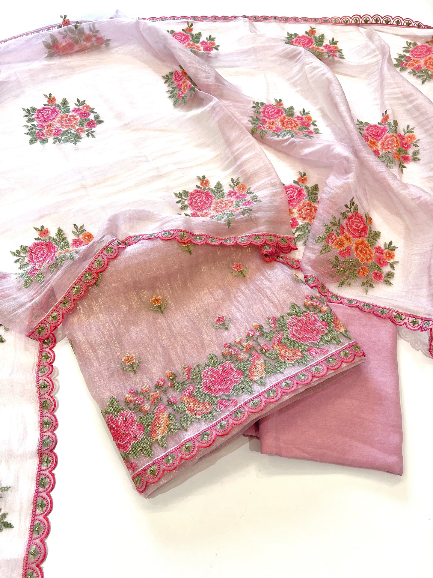 Pink Glass tissue with floral cross stitch embroidery dress material