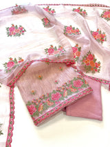 Pink Glass tissue with floral cross stitch embroidery dress material