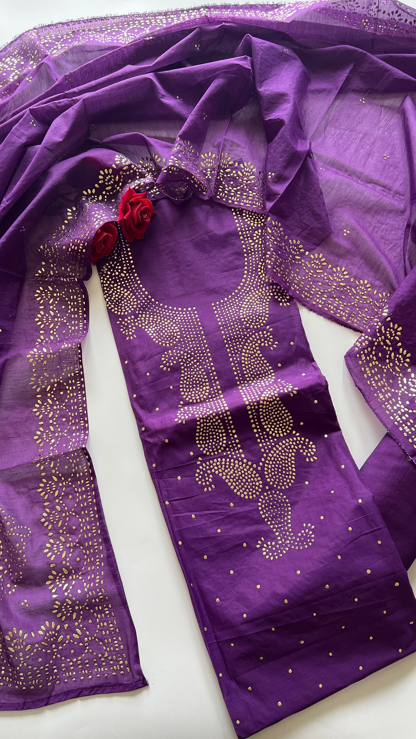 Purple Mul Chanderi dress material with mukaish -Paisley