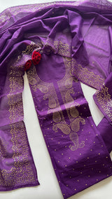 Purple Mul Chanderi dress material with mukaish -Paisley