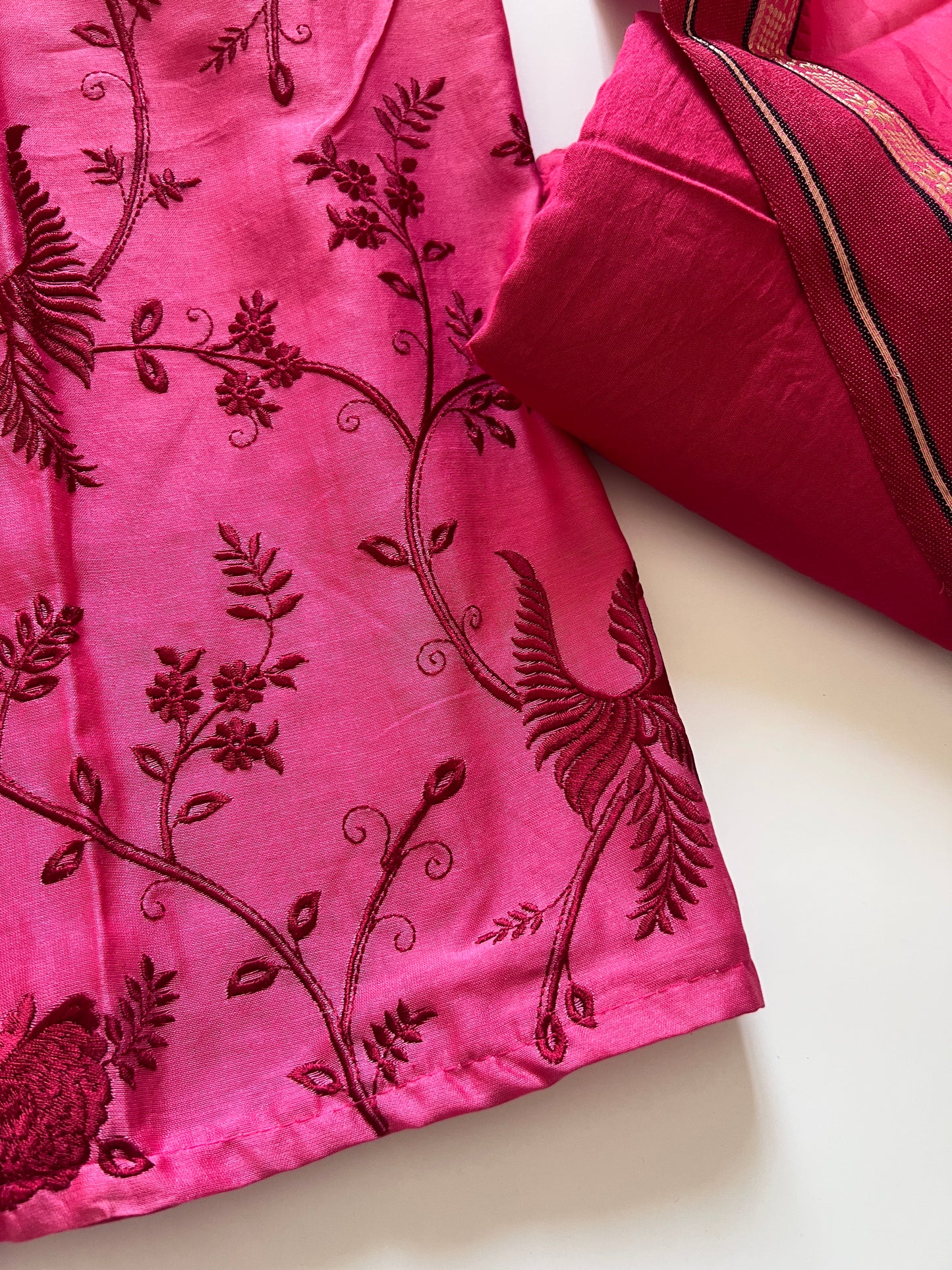 Pink Pure Chanderi Parsi Thread embroidered Unstitched Suit