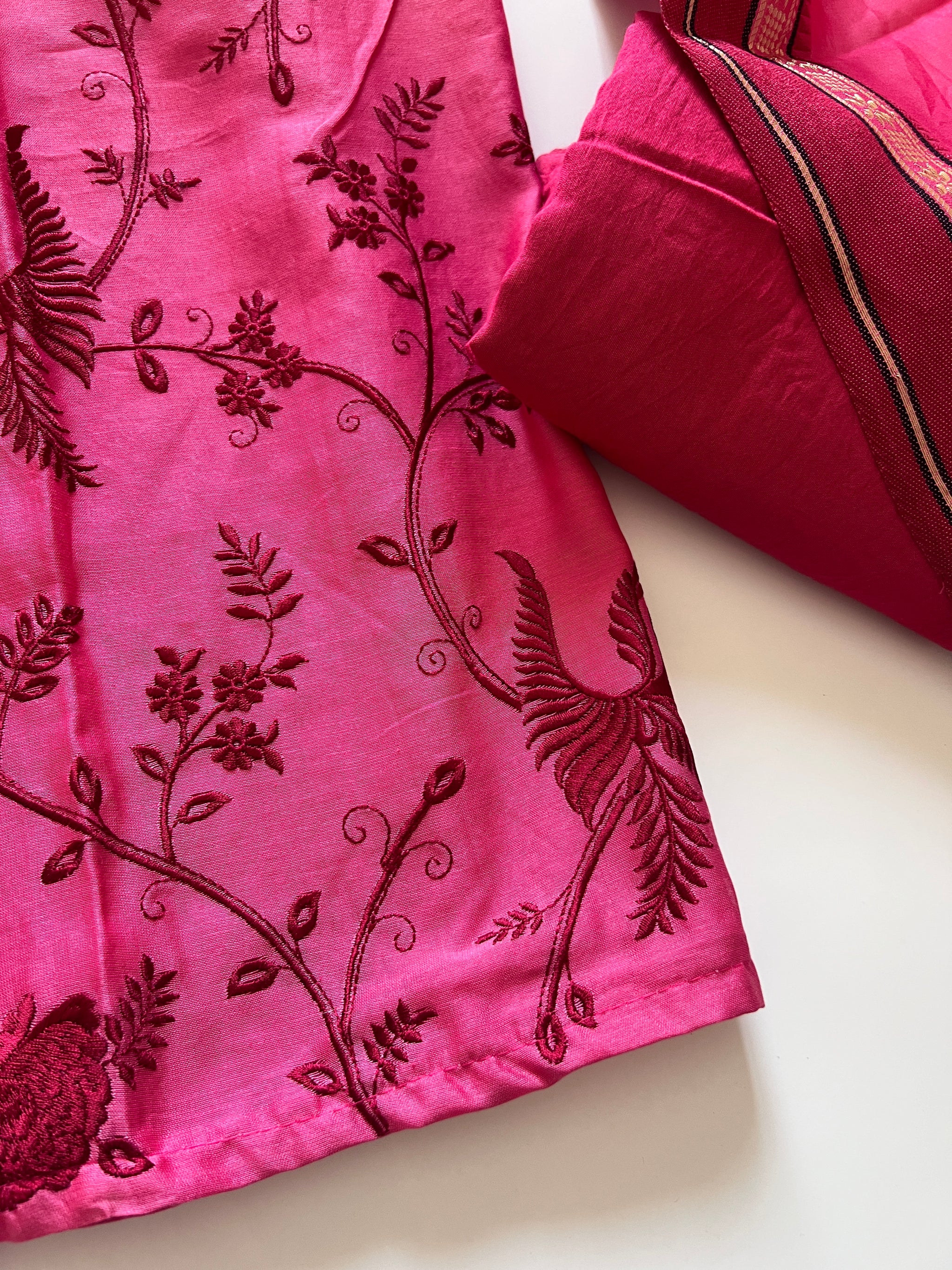 Pink Pure Chanderi Parsi Thread embroidered Unstitched Suit