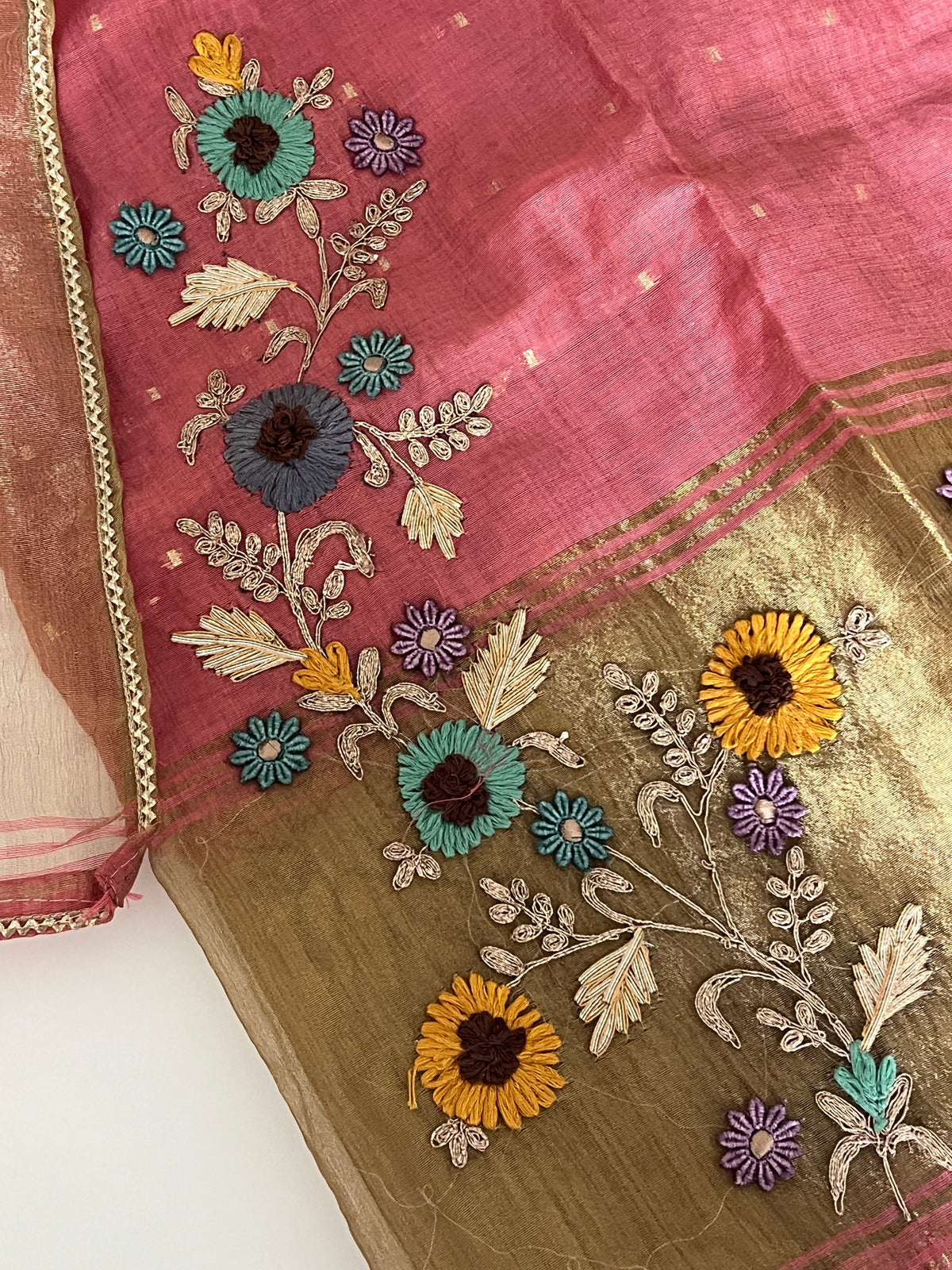 Pink Floral Embroidery tissue Jamdani Dress material