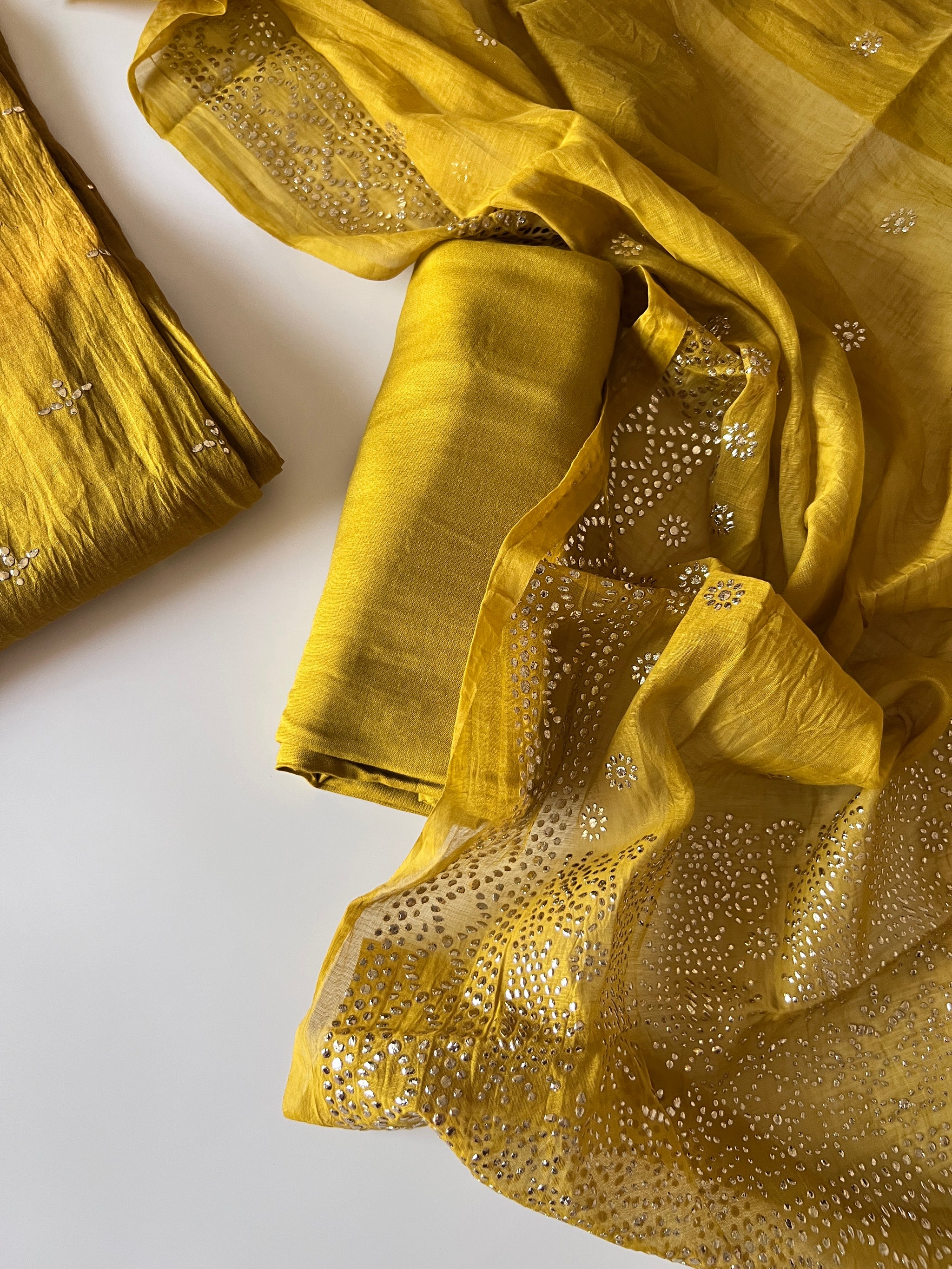 Yellow Mul Chanderi dress material with mukaish