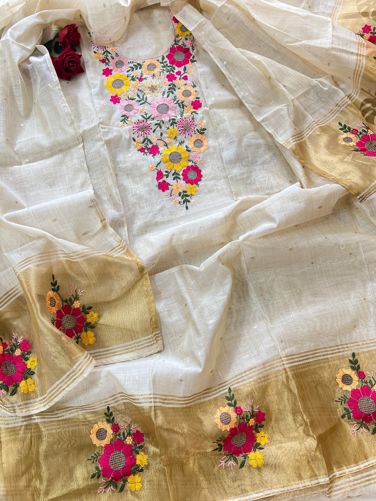 Sunflower Embroidery tissue Jamdani Dress material