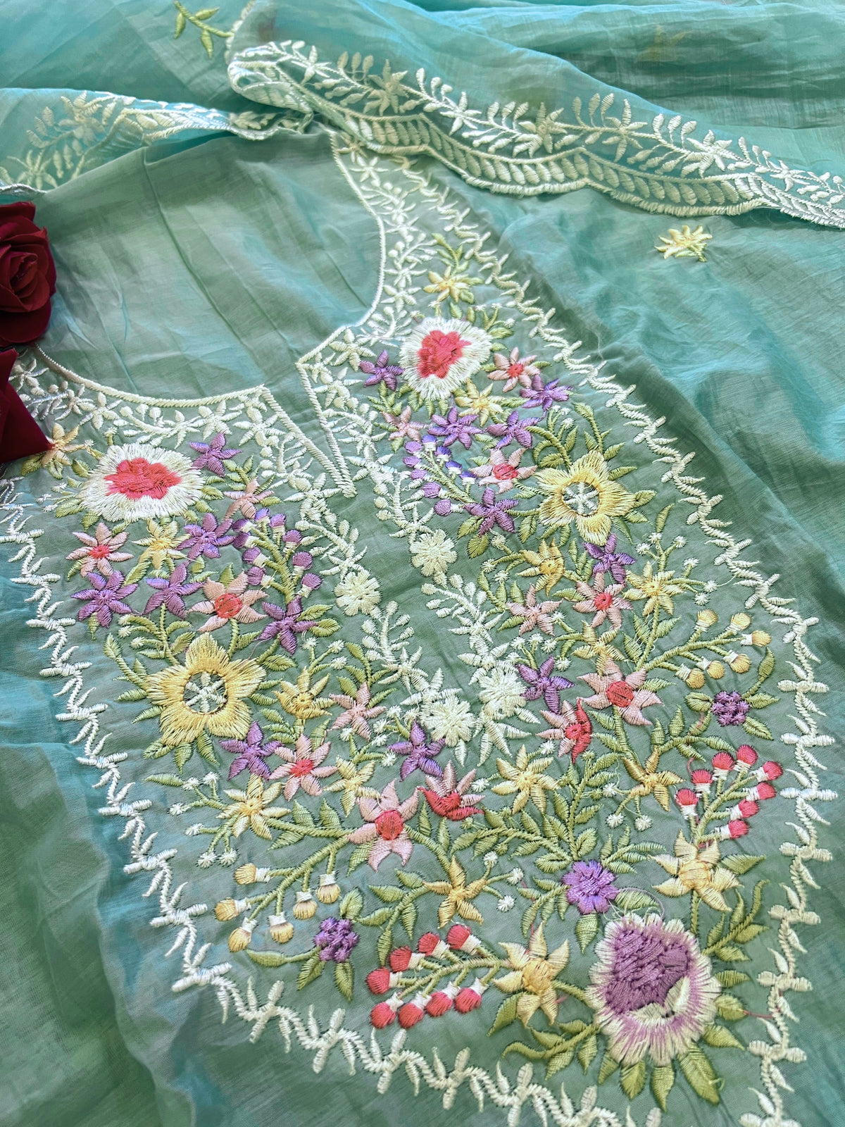 Blue Mul Chanderi Thread embroidered Unstitched Suit