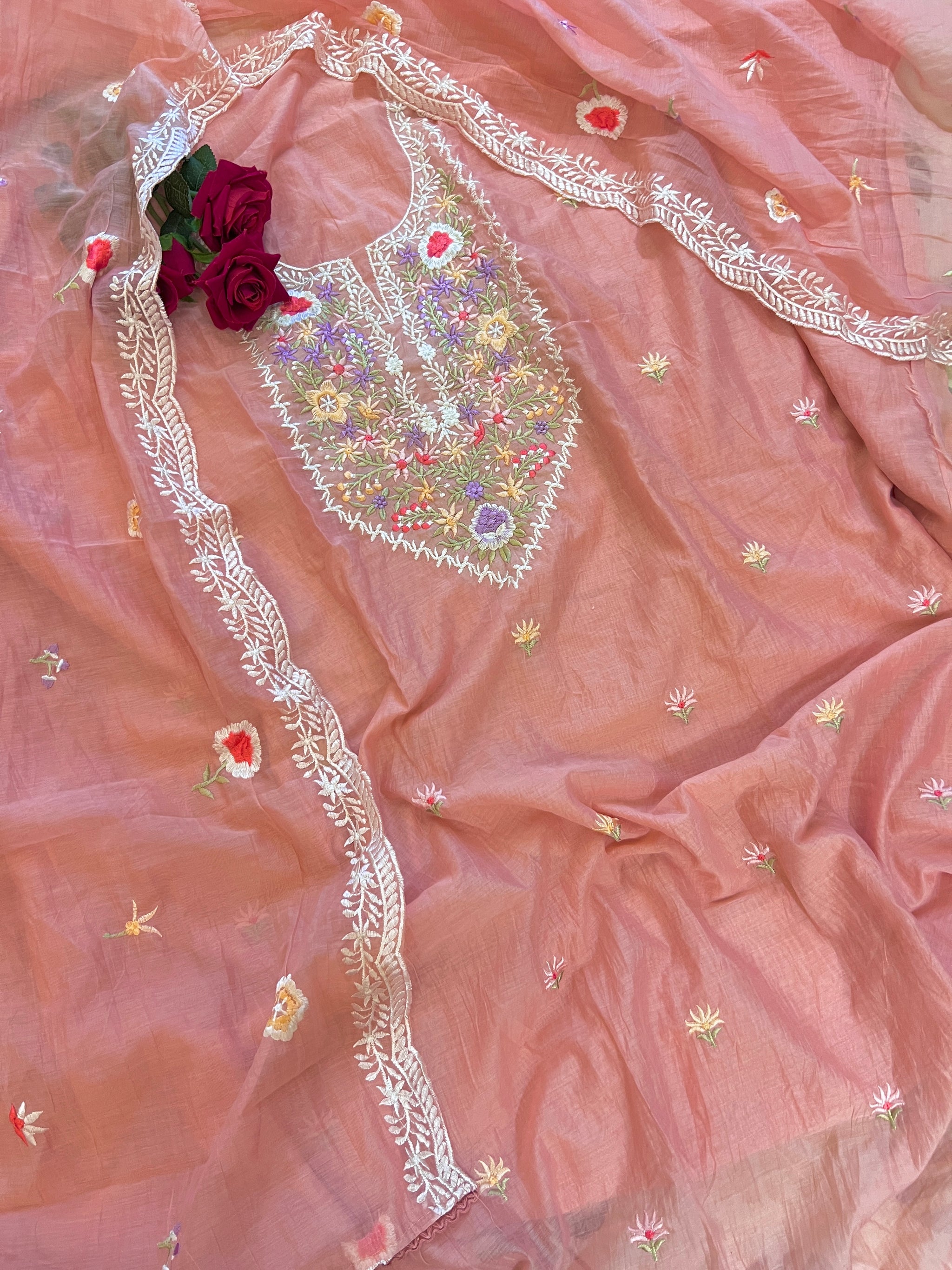 Pink Mul Chanderi Thread embroidered Unstitched Suit