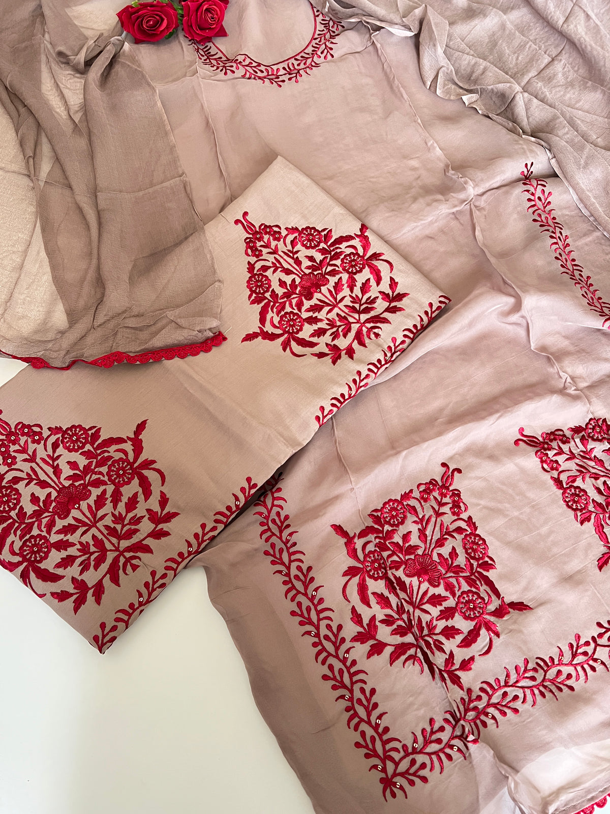 Laal Dhaga Unstitched suit on Mouse color with Salwar embroidery