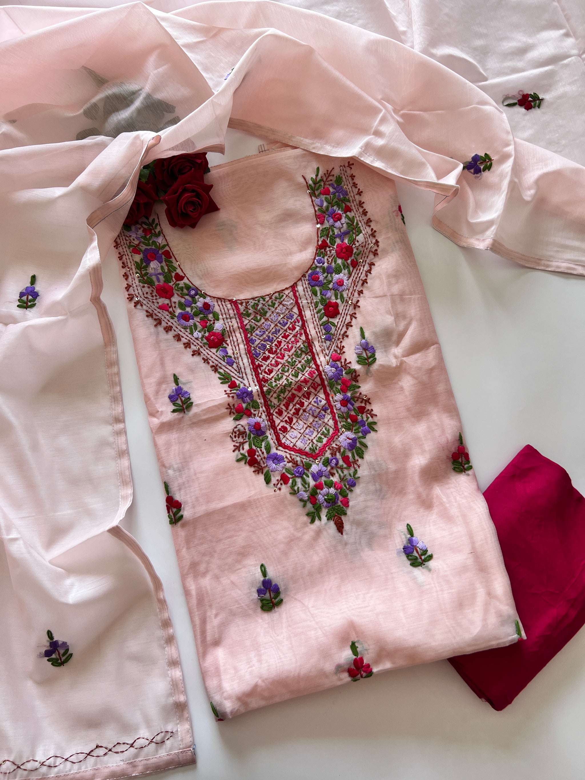 Very light pink knot embroidery Unstitched suit material