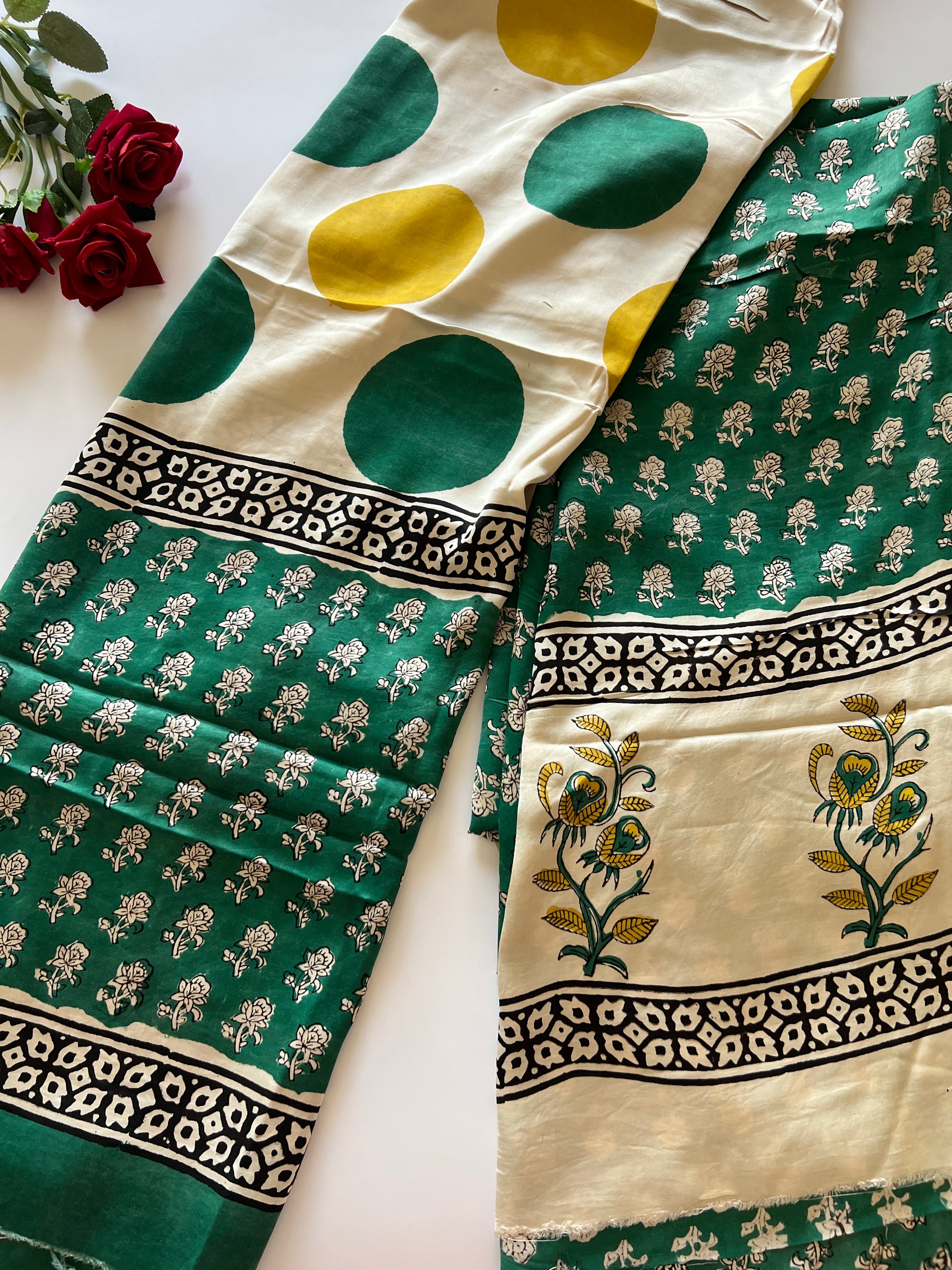 Green Original Handblock Ajrakh print on Modal fabric Unstitched suit set
