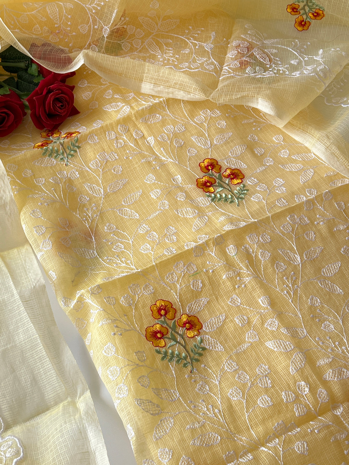 Yellow Kotta floral embroidered kurta dupatta set Unstitched