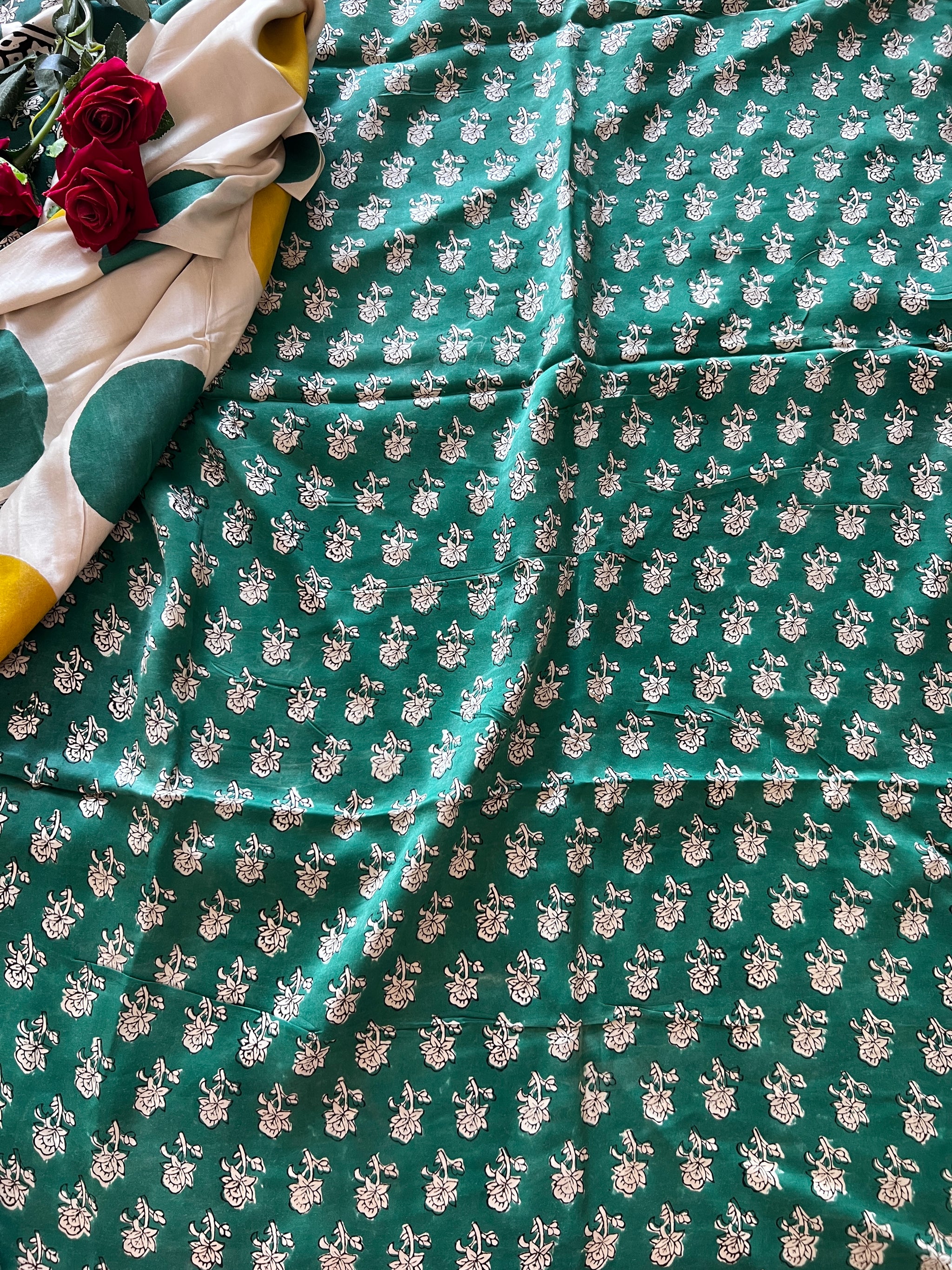 Green Original Handblock Ajrakh print on Modal fabric Unstitched suit set