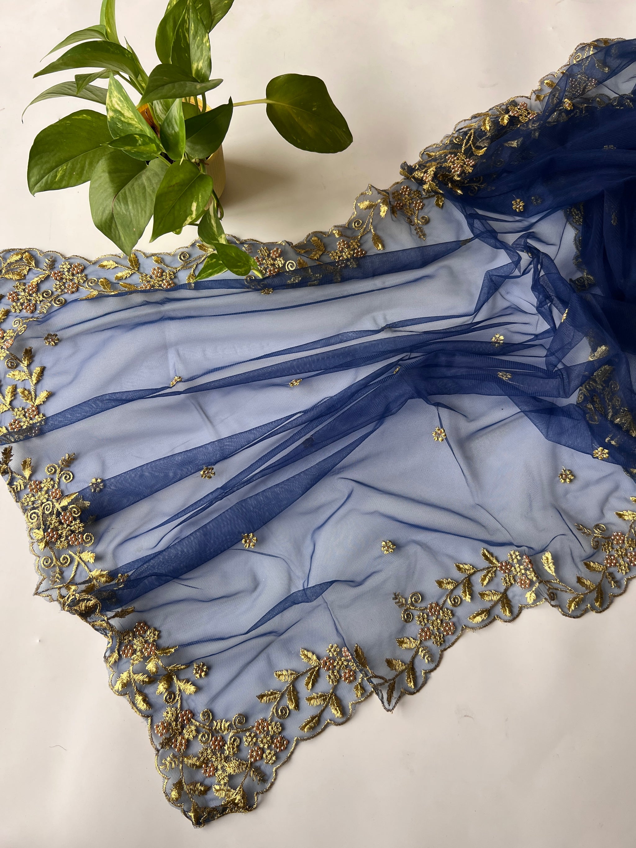 Navy Blue net soft dupatta with golden scallop border embroidery