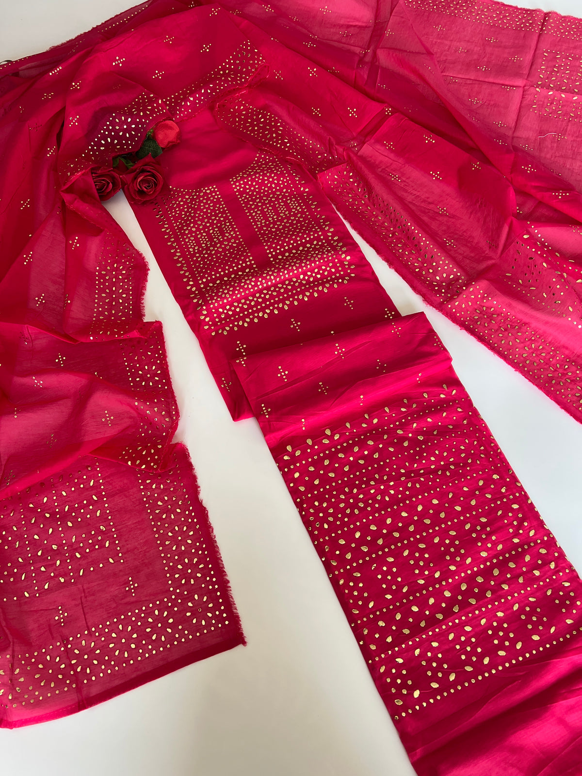 Pink Mul Chanderi dress material with mukaish geometric