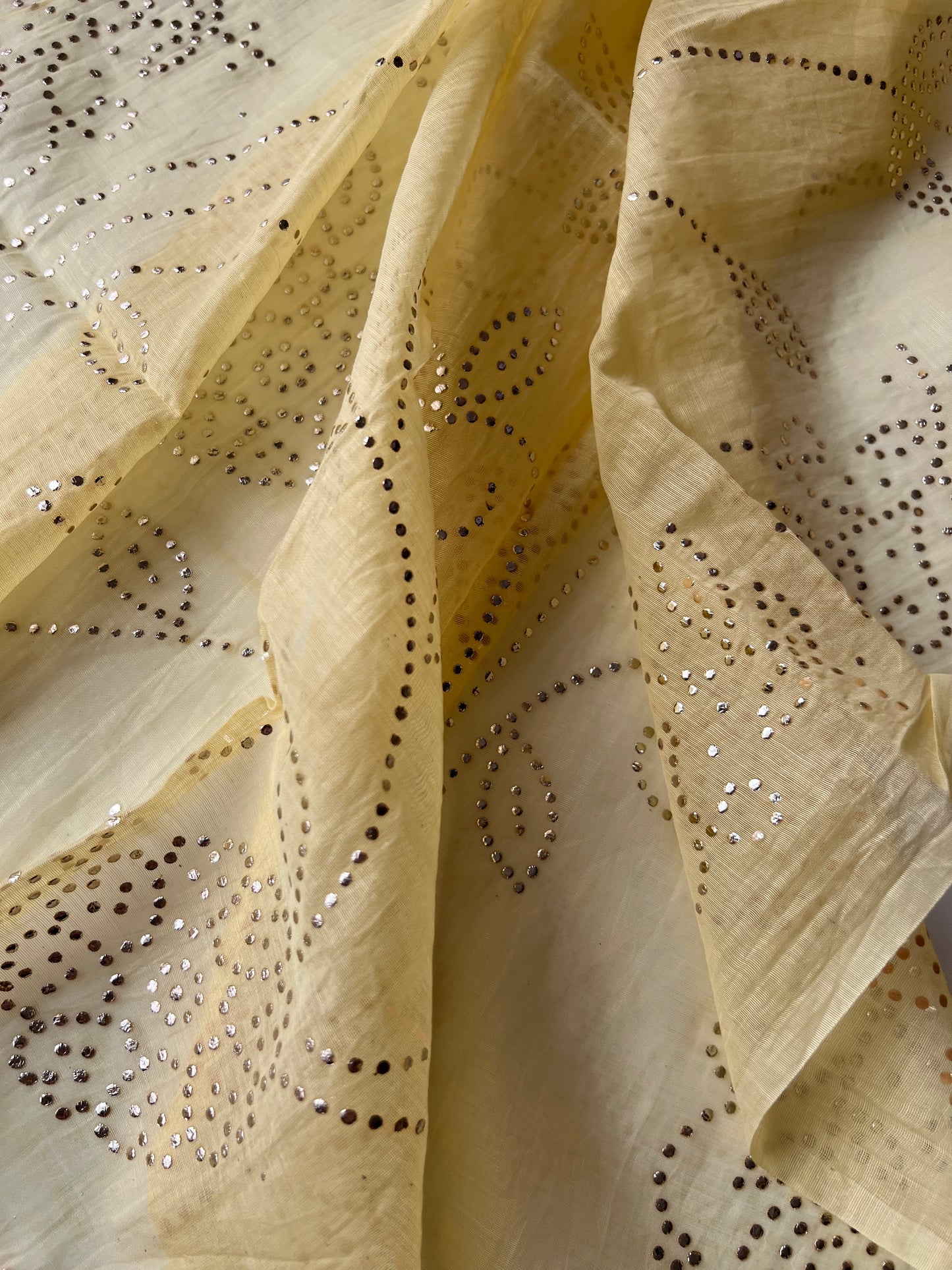 Pastel Yellow Mul Chanderi dress material with pitta and mukaish work