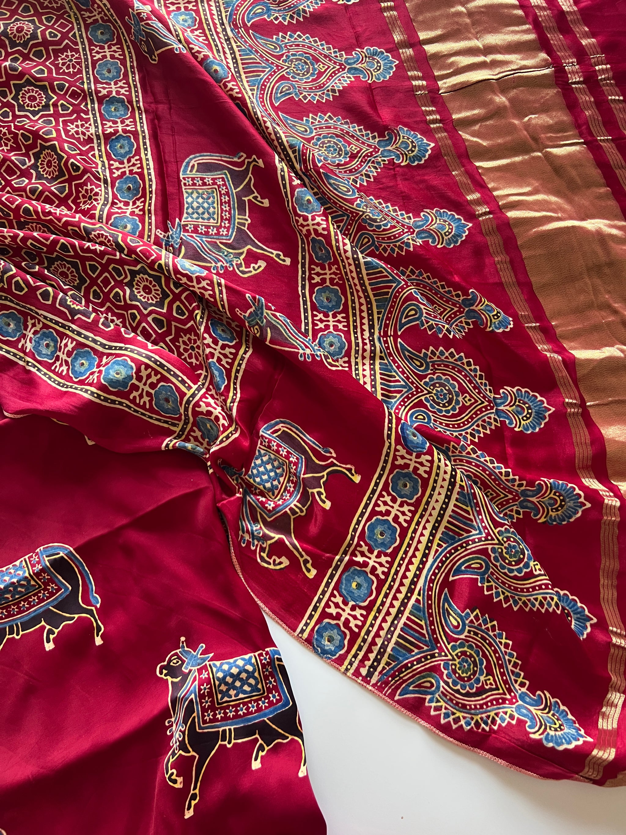 Maroon Ajrakh Handblock print 3 pc fabric Unstitched suit set