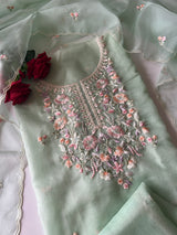 Green thread Embroidery unstitched suit