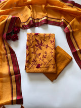 Yellow Pure Chanderi Parsi Thread embroidered Unstitched Suit