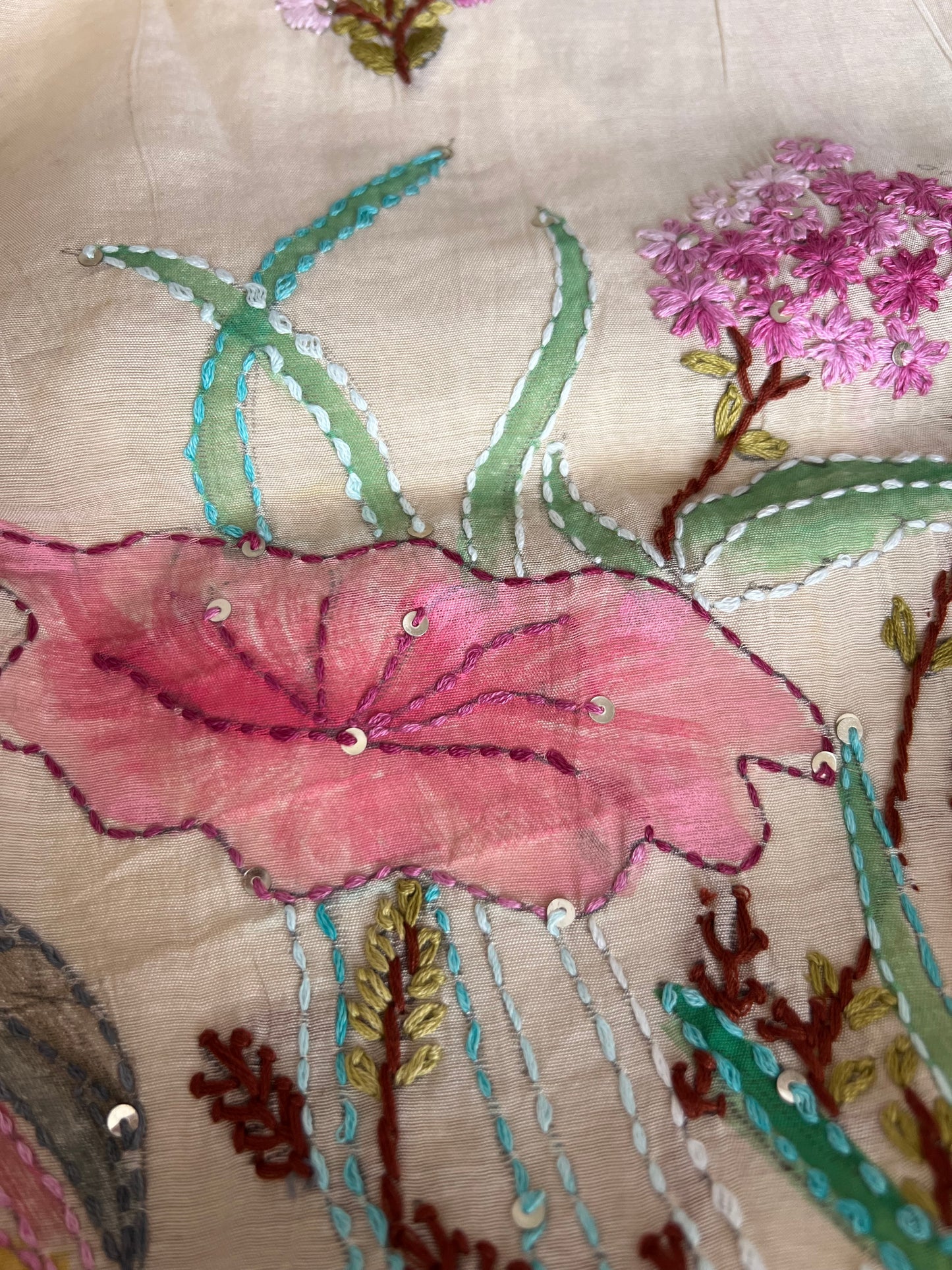 Cream bullion knot embroidery and paint Unstitched suit material