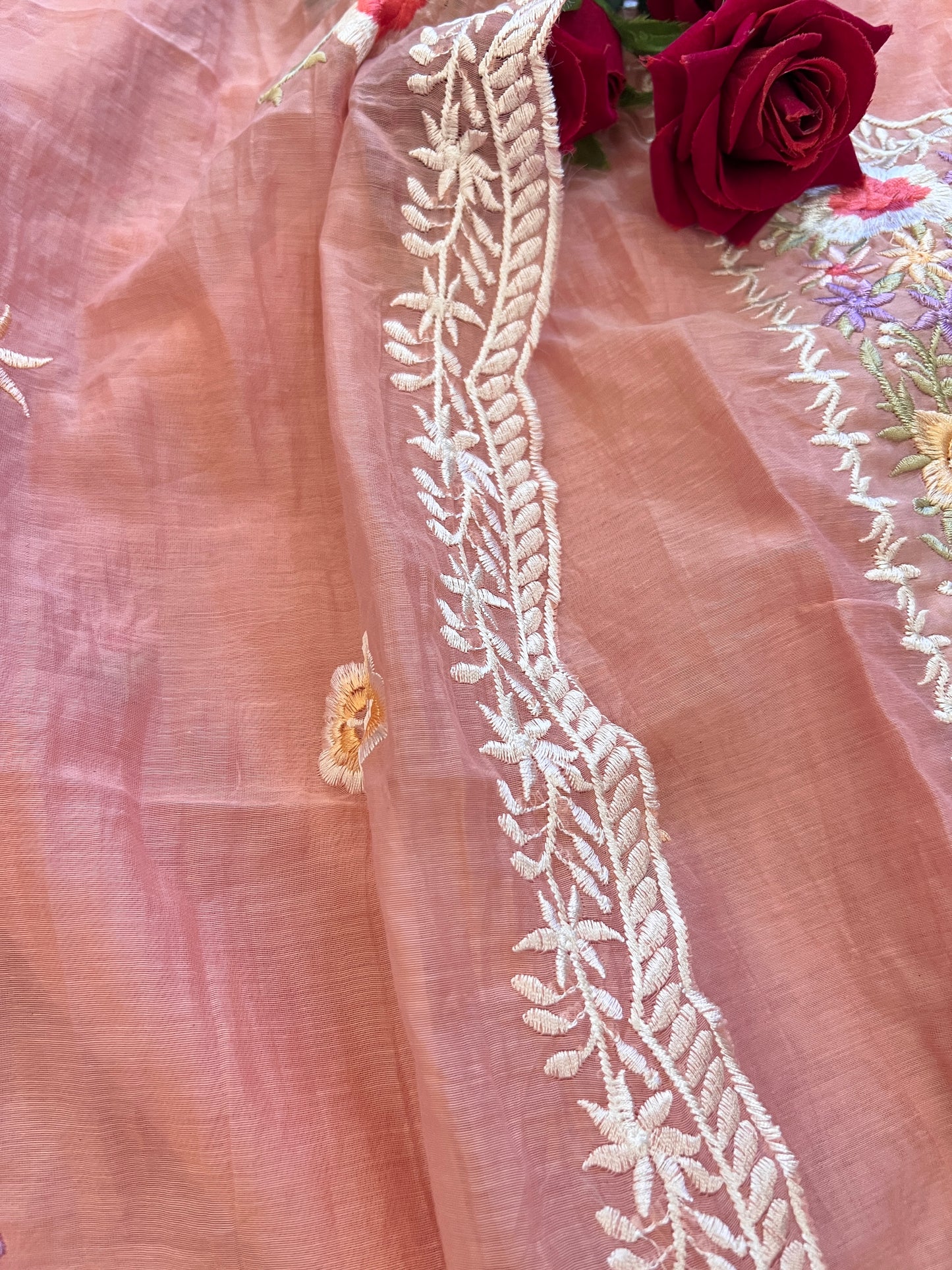 Pink Mul Chanderi Thread embroidered Unstitched Suit