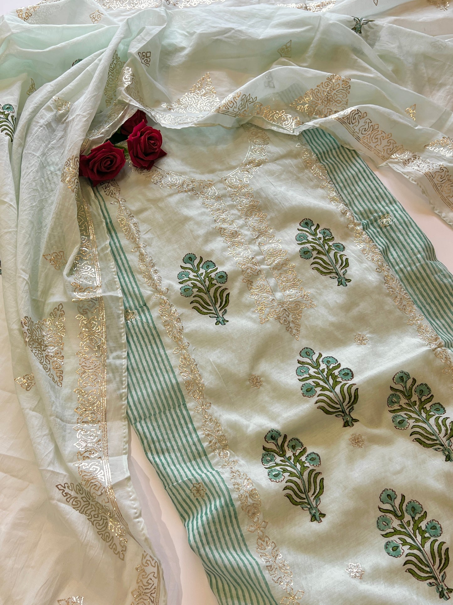 Blue Block print and pitta work on Mul Chanderi dunstitched Suit set