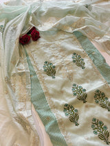 Blue Block print and pitta work on Mul Chanderi dunstitched Suit set