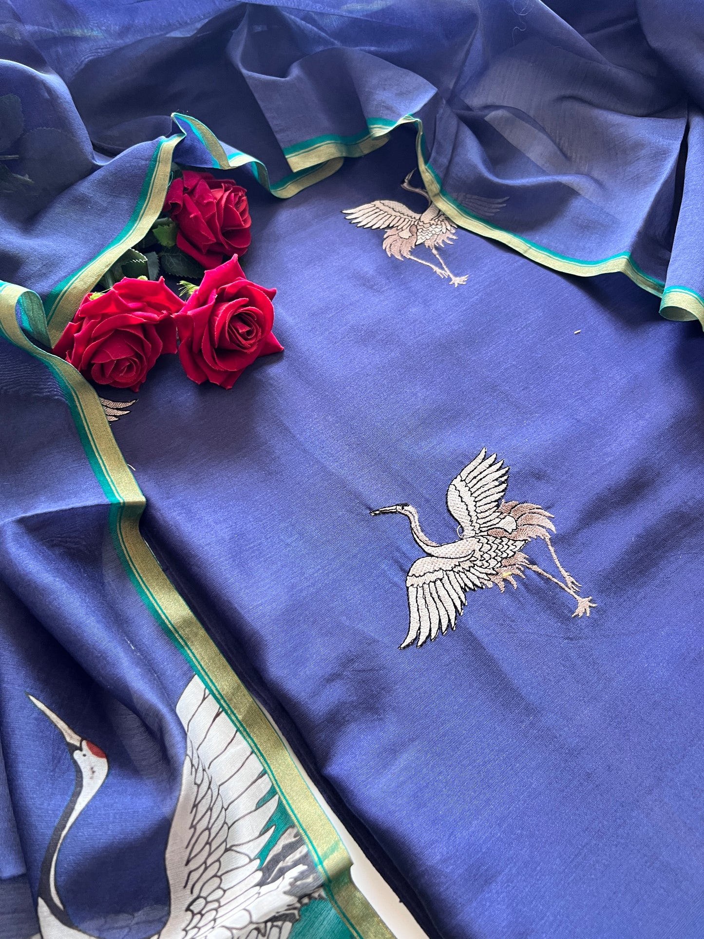 Pure Blue Green soft Chanderi flamingo embroidered Unstitched Dress material
