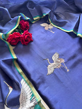 Pure Blue Green soft Chanderi flamingo embroidered Unstitched Dress material