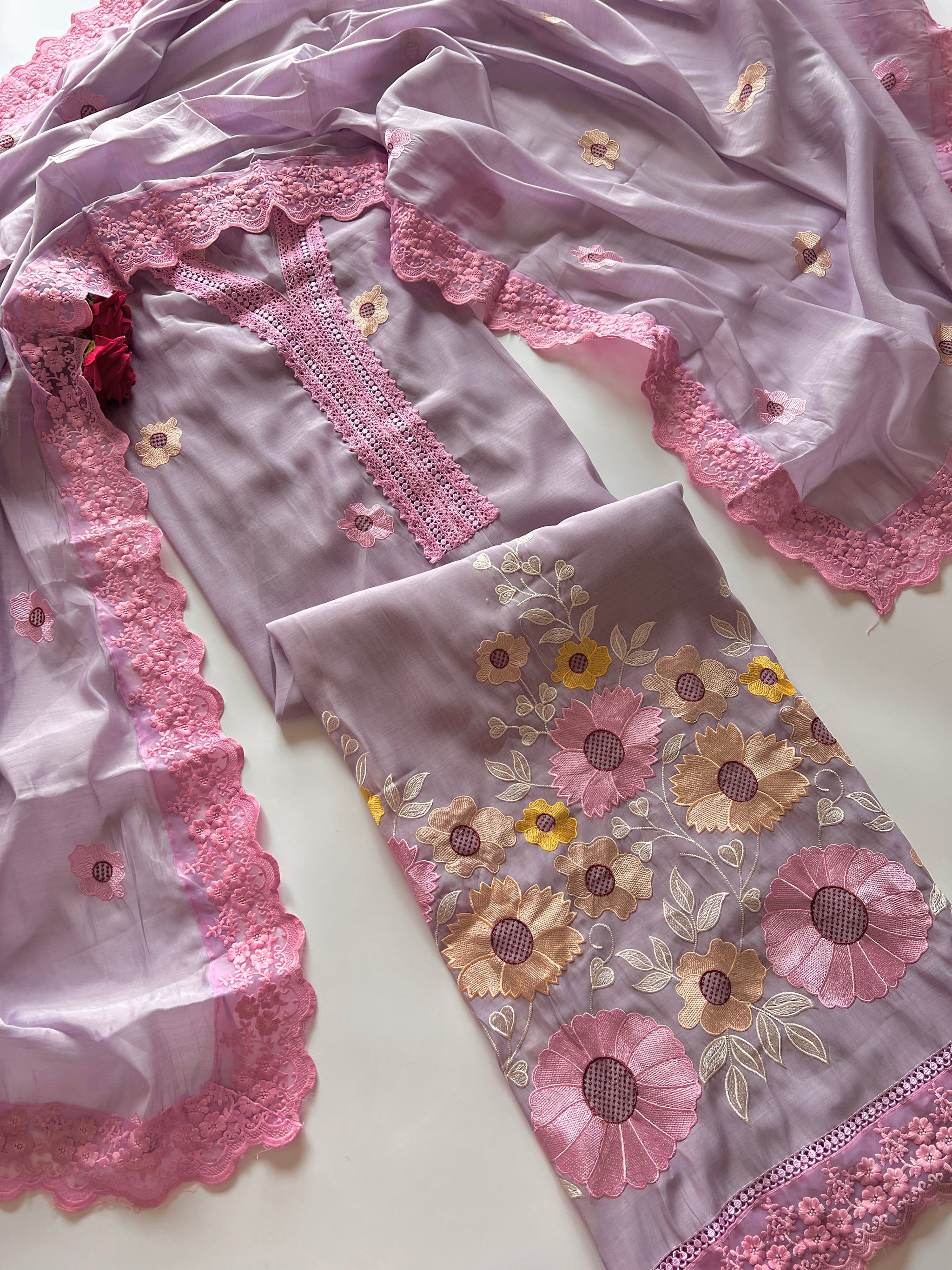 Purple Sunflower Embroidery Mul Masleen Dress material