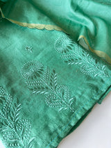 Green Pure Chanderi patchwork Embroidery scallop unstitched suit