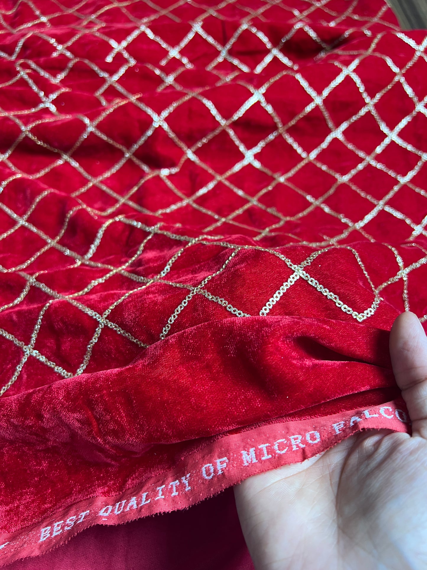 Red velvet sequin embroidered fabric