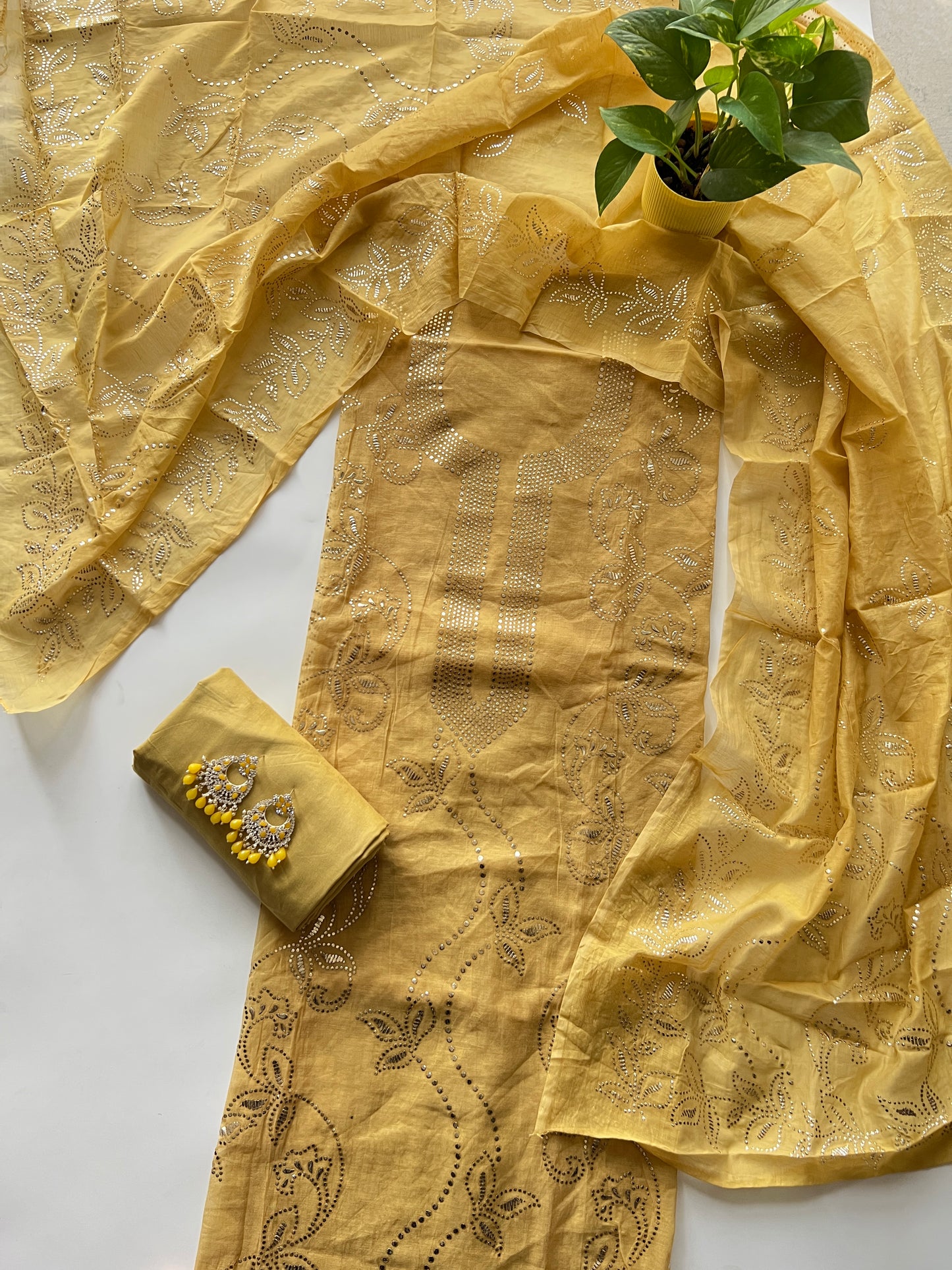 Yellow Mul Chanderi dress material with mukaish