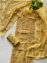 Yellow Mul Chanderi dress material with mukaish
