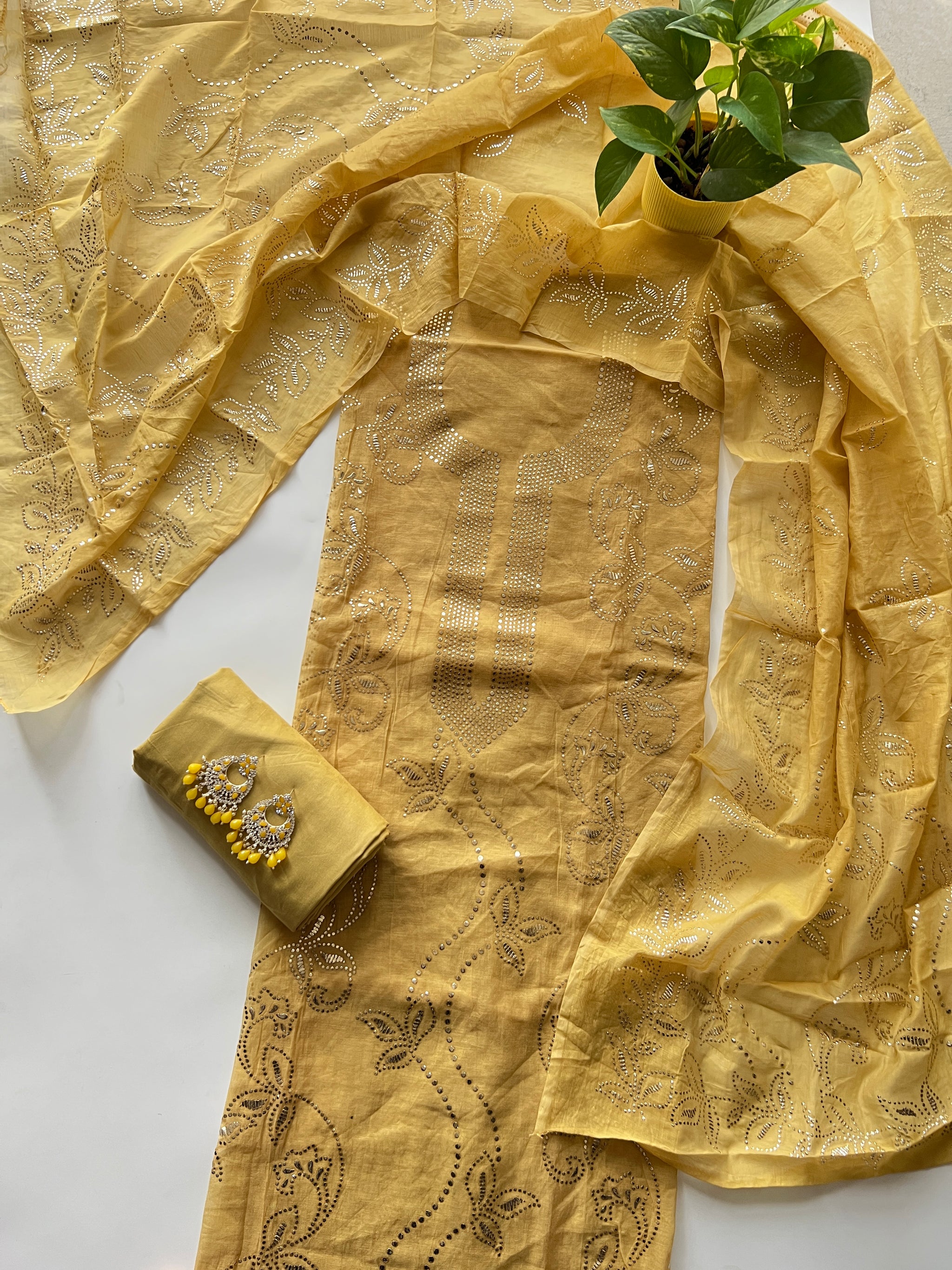 Yellow Mul Chanderi dress material with mukaish