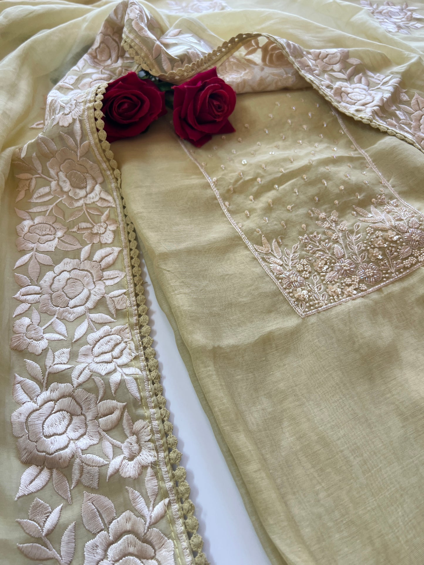 Mul Chanderi Handwork with Parsi dupatta Unstitched Suit set - Pastel yellow
