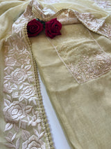 Mul Chanderi Handwork with Parsi dupatta Unstitched Suit set - Pastel yellow