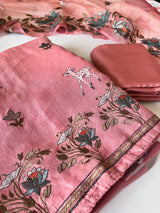 Pure linen Shikargah embroidered unstitched suit.