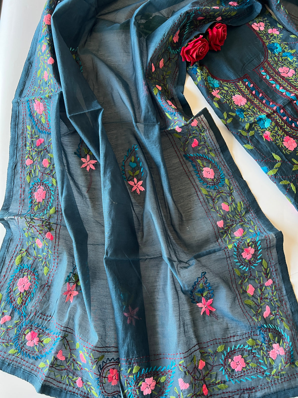 Blue Phulkari embroidery Unstitched suit material
